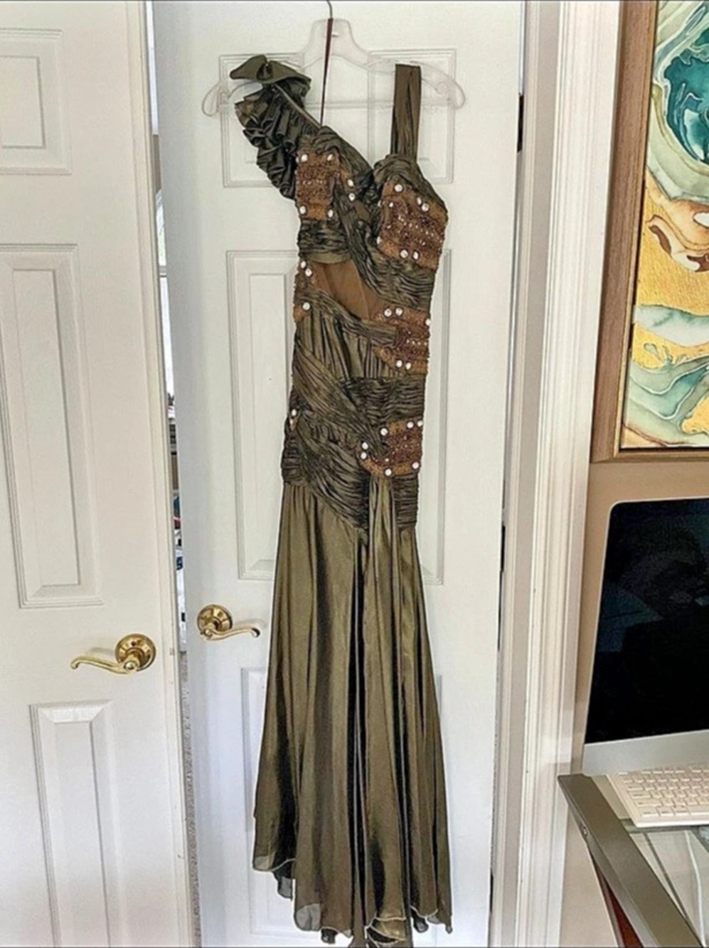 Beaded Ruched Maxi Dress in Iridescent Green & Brown - Overseas Designer